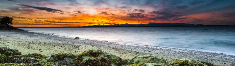 Alki Beach, West Seattle, Washington, Seascape, Sunset Orange, Long exposure, Green Moss, Rocky coast, Beach, Horizon