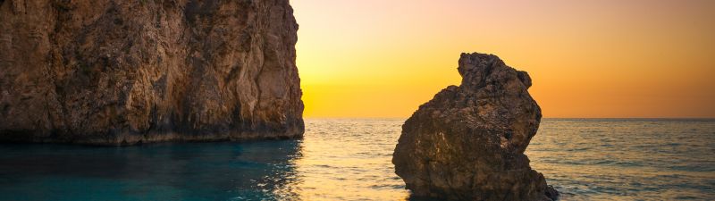 Milos Beach, Greece, Lefkada Island, Lone rock, Sunset Orange, Clear sky, Cliff, Horizon, Seascape, Water waves, Ocean blue