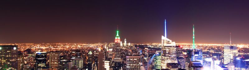 New York City, Night lights, Cityscape, City lights, Night time, City Skyline, Horizon, Long exposure, Landmark, Aerial view, Rockefeller Center