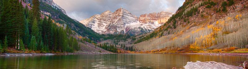 Maroon Bells, Maroon Lake, Maroon Peak, Elk Mountains, Aspen, Colorado, Landscape, Glacier mountains, Snow covered, White Clouds, Reflection