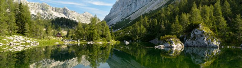 Double Triglav lake, Slovenia, Seven lakes valley, Julian Alps, Mountains, Landscape, Reflection, Green Trees, Blue Sky, Clear sky