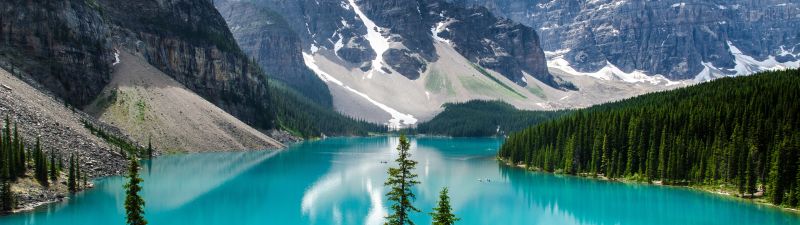 Moraine Lake, Snow covered, Canada, Valley of the Ten Peaks, Banff National Park, Glacier mountains, Green Trees, Reflection, Blue Water, Daytime, Landscape, Scenery