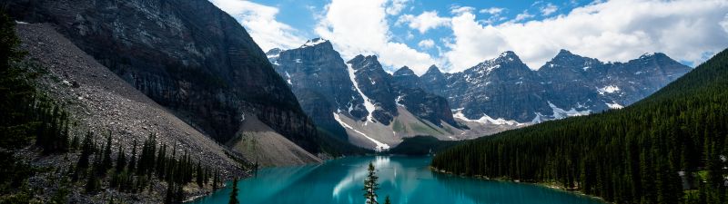 Moraine Lake, Canada, Alberta, Valley of the Ten Peaks, Banff National Park, Glacier mountains, Green Trees, Reflection, Blue Water, Blue Sky, Daytime, Landscape, Scenery, White Clouds