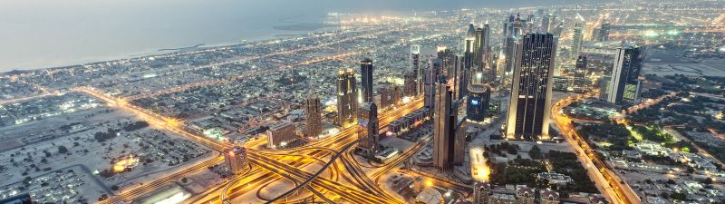 Dubai City, Aerial view, Cityscape, City lights, Long exposure, Skyline, United Arab Emirates, Skyscrapers, High rise building