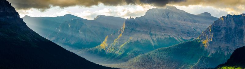 Logan Pass, Glacier National Park, Montana, Early Morning, Sunlight, Thick Clouds, Mountain range, Landscape