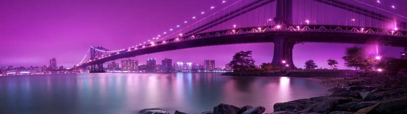 Manhattan Bridge, 8K, New York City, United States, Purple sky, Body of Water, River, Suspension bridge, Landscape, Famous Place, Tourist attraction, Rocks, Long exposure, City lights, Cityscape, Purple aesthetic, 5K