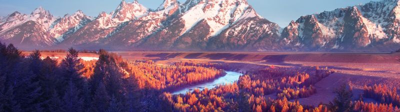 Grand Teton National Park, Snake River, Wyoming, USA, Sunrise, Glacier mountains, Blue Sky, Snow covered, Mountain range, Landscape, Scenery, Aesthetic, 5K