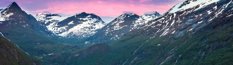 Geiranger Fjord, Norway, Valley, Village, Sunset, Glacier mountains, Snow covered, Mountain range, Landscape, Reflection, Purple sky