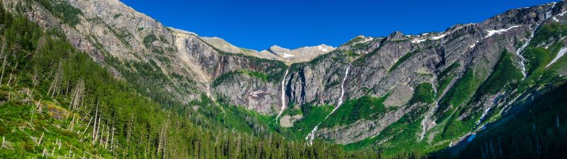 Avalanche Lake, Montana, USA, Glacier National Park, Landscape, Mountain range, Clear sky, Blue Sky, Scenery, Reflection, Green Trees, HDR