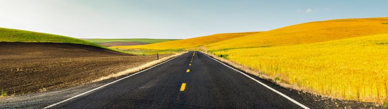 Meadow, Countryside, USA, Landscape, Endless Road, Clear sky, Scenery, Beautiful, Fields