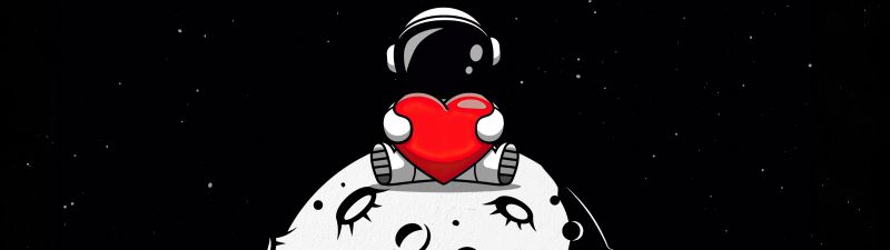 Red heart, Astronaut, Planet, Outer space, Black background, AMOLED, Cute astronaut, 5K