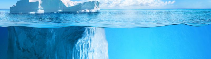 Iceberg, Growlers, Bergy bits, Fresh water, Floating, Ocean blue, Sunny day, Blue Sky, White Clouds, Horizon, 5K, 8K