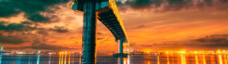 Sergio Osmeña Bridge, Philippines, Mactan-Mandaue Bridge, Sunset, City lights, Dusk, Body of Water, Reflection, Cloudy Sky, 5K