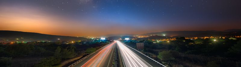 Highway, Limassol city, Light trails, Cyprus, Cityscape, City lights, Night time, Dusk, Milky Way, Astronomy, Outer space, Starry sky