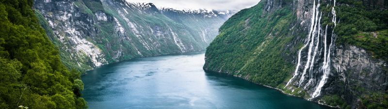 Seven Sisters waterfalls, Norway, Geirangerfjorden, Cliffs, Landscape, Mountains, Cloudy Sky, River, Evening, Flowing Water