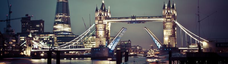 Tower Bridge, London, United Kingdom, Cityscape, City lights, Night time, Skyscrapers, Landmark, Famous Place, The Shard, Body of Water, England