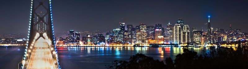 Oakland Bay Bridge, San Francisco, Cityscape, City lights, Night time, Skyline, Skyscrapers, Landmark, Long exposure, Light trails