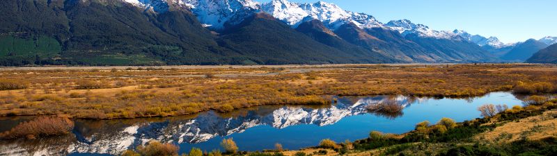 South of Rivendell, New Zealand, Landscape, Glacier mountains, Snow covered, Mountain range, Reflection, Blue Sky, Scenery