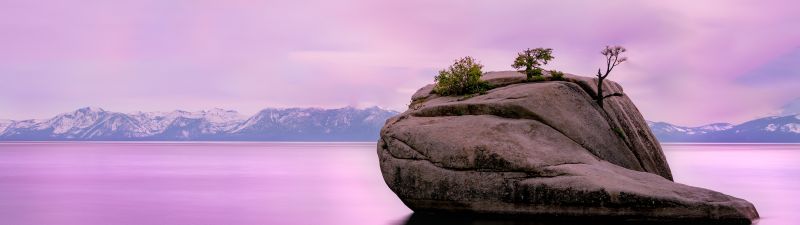 Lake Tahoe, United States of America, Pink sky, Rock, Long exposure, Mountain range, Body of Water, Pink Water, Landscape, Scenery, Shadow, 5K