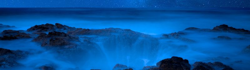 Thor's Well, Oregon, USA, Seascape, Blue Sky, Night time, Milky Way, Horizon, Galaxy, Starry sky, Ocean blue, Tourist attraction, Astronomy, Outer space, 5K