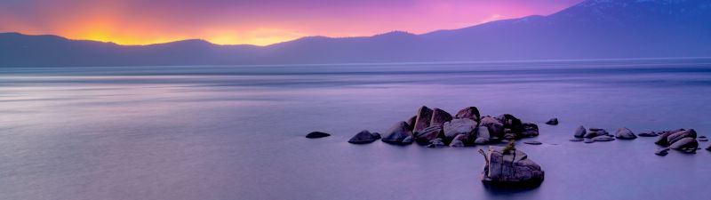 Rocky coast, Rock formations, Seascape, Ocean, Mountain, Sunrise, Purple sky, Dawn, Long exposure, Scenery, 5K, 8K