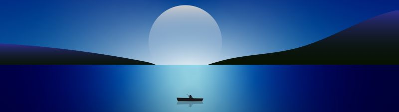 Moon, Night, Seascape, Sailing boat, Blue, Minimalist, 5K, 8K