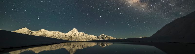 Mount Gongga, Minya Konka, China, Milky Way, Glacier mountains, Mountain Peak, Starry sky, Outer space, Astronomy, Lake, Reflection, Night time