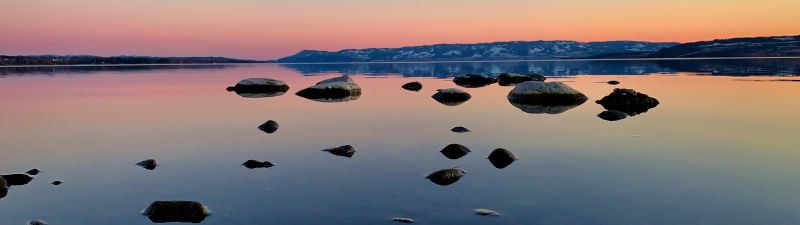 Mjøsa Lake, Norway, Sunset, Dusk, Red Sky, Clear sky, Rocks, Reflection, Landscape, Scenery