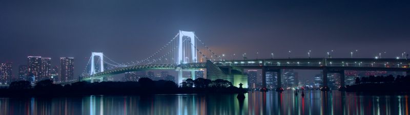 Rainbow Bridge, Night, Tokyo, Japan, Suspension bridge, Waterfront, Silhouette, Cityscape, City lights, Night time, Skyscrapers, Reflection, 5K