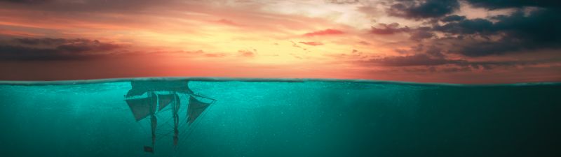 Ship, Moon, Upside down, Surreal, Cloudy Sky, Stars, Sunset Orange, Ocean, Blue Water