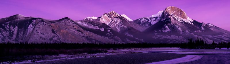 Jasper National Park, Purple aesthetic, Alberta, Canada, Morning glow, Purple sky, Rocky Mountains, Landscape, Long exposure, Mountain range, Scenery, 5K