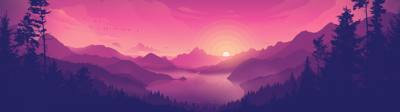 Lakeside, Aesthetic, Pink sky, Sunset, Minimal art, Gradient background, Landscape, Scenic, Panorama, 5K, 8K