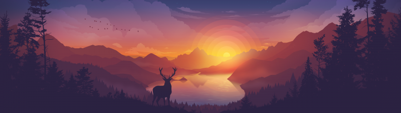 Lakeside, Evening, Deer, Minimal art, Landscape, Scenic, Panorama, Aesthetic, 5K, 8K