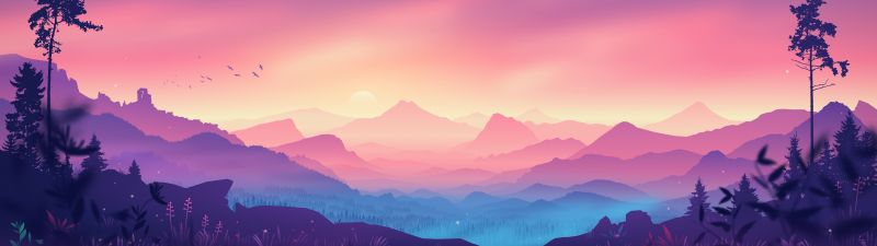 Valley, Landscape, Aesthetic, Mountains, Gradient background, Colorful background, Scenery, Layers, Panorama, 5K, Aesthetic
