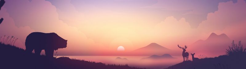 Sunrise, Illustration, 8K, Landscape, Scenery, Gradient background, Bear, Deer, Early Morning, 5K