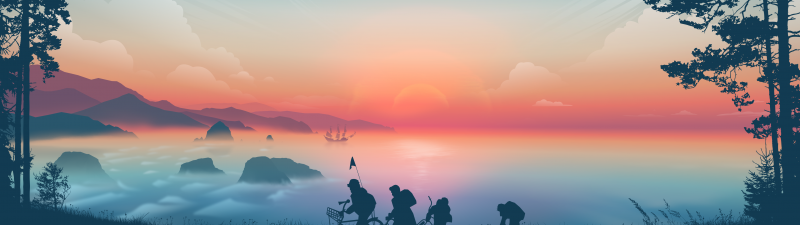 Goonies, Morning, Sunrise, Silhouette, Minimal art, Landscape, Panorama