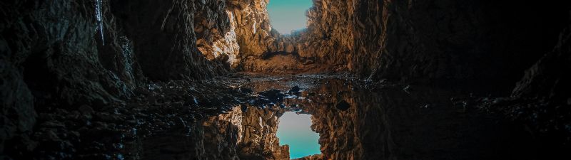 Cave, Tunnel, Reflection, Water, Symmetrical, Rock formations, Inside, Blue Sky