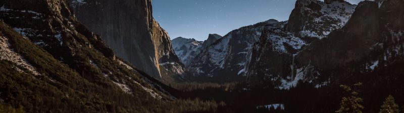 Alps mountains, Scenery, Mountain range, Dusk, Landscape, Starry sky, Valley, Green Trees, Night time, 5K