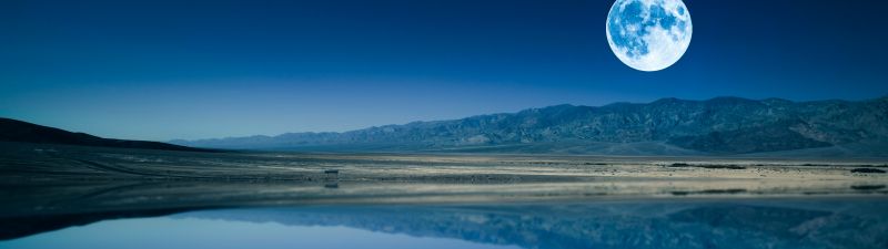 Full moon, Night time, Lake, Body of Water, Reflection, Landscape, Scenery, Sunset, Dusk, Clear sky, 5K, 8K