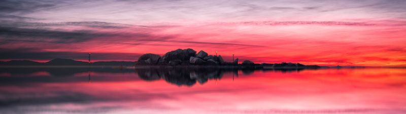 Sunset, Rocks, Lake, Red Sky, Landscape, Scenery, Body of Water, Reflection, Evening, Cloudy Sky, Horizon, 5K, 8K