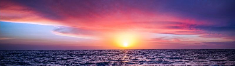 Seascape, Seashore, Sunset, Ocean Waves, Beach, Purple sky, Horizon, Reflection, Coastline, Landscape, Scenery, 5K, 8K