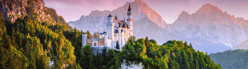 Neuschwanstein Castle, Germany, Fairy Castle, Ancient architecture, Mountain range, Sunset, Forest, Green Trees, Landscape, Scenic, Cloudy Sky, 5K, 8K