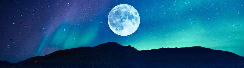 Full moon, Aurora Borealis, Night time, Mountain, Silhouette, Landscape, Starry sky, Surreal, Scenery, Natural Phenomena, 5K, 8K