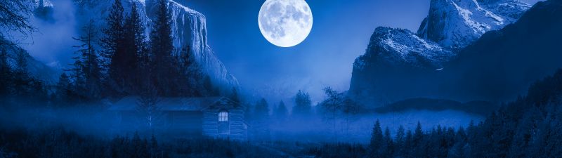 Twilight Moon, Night time, Landscape, Forest, Wooden House, Adventure, Camping, Water Stream, Mountain, 5K, 8K