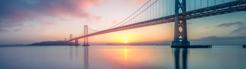 Oakland Bay Bridge, Sunrise, San Francisco, California, Body of Water, Long exposure, Landscape, 5K
