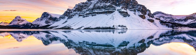 Bow Lake, Crowfoot Mountain, Canada, Banff National Park, Canadian Rockies, Glacier mountains, Mountain range, Landscape, Reflection, Scenery, Summit, Evening sky, Snow covered, 5K