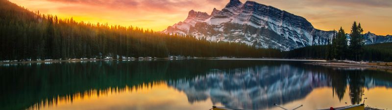 Two Jack Lake, Banff National Park, Alberta, Canada, Sunrise, Boat, Reflection, Glacier mountains, Snow covered, Alpine trees, Landscape, 5K