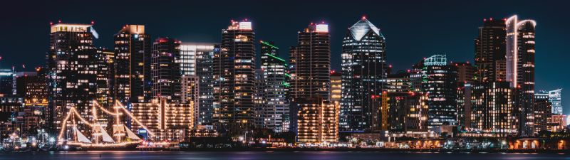 San Diego City, Cityscape, City lights, Night time, Skyline, Body of Water, Long exposure, Reflection, Skyscrapers, 5K