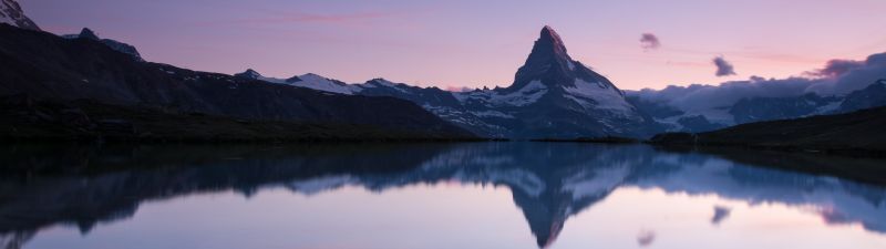 Matterhorn, Stellisee, Switzerland, Lake, Reflection, Evening sky, Landscape, Scenery, Clear sky, Swiss Alps, Clouds, Mountain Peak, 5K