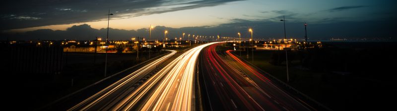 Highway, Light trails, Long exposure, Night time, Dusk, Traffic, 5K